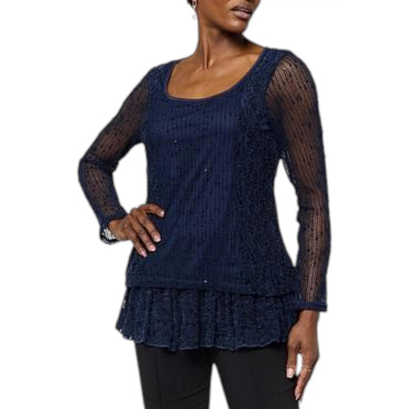 Nina Leonard Tops - Nina Leonard Women's Long-Sleeve Mixed-Media Blouse Navy - Regular